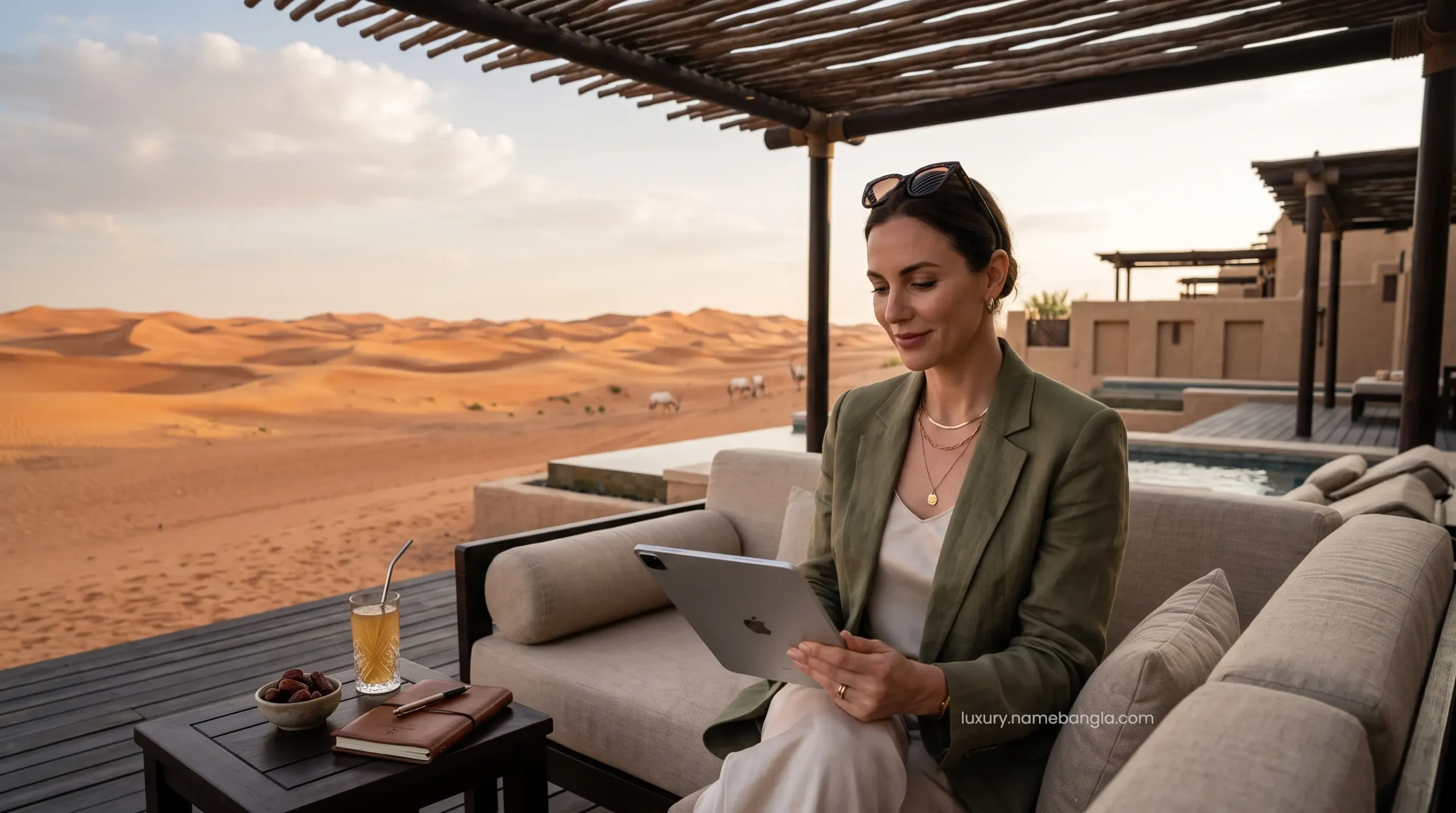High-net-worth traveler relaxing at an Abu Dhabi premium desert safari lodge.