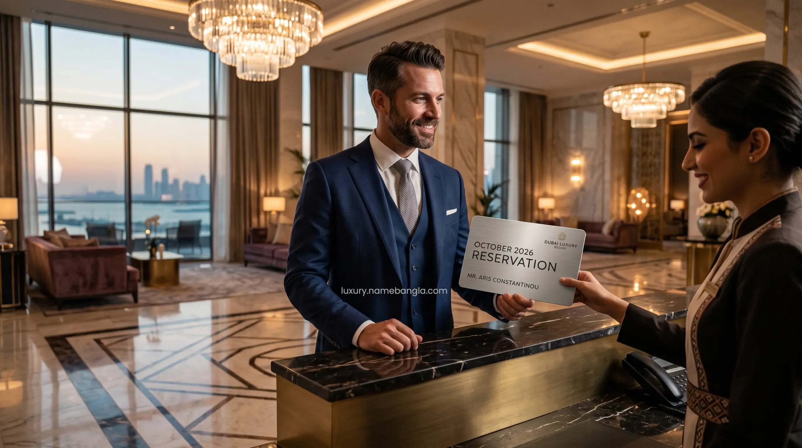 Elite traveler at a Dubai 7-star hotel VIP reception.