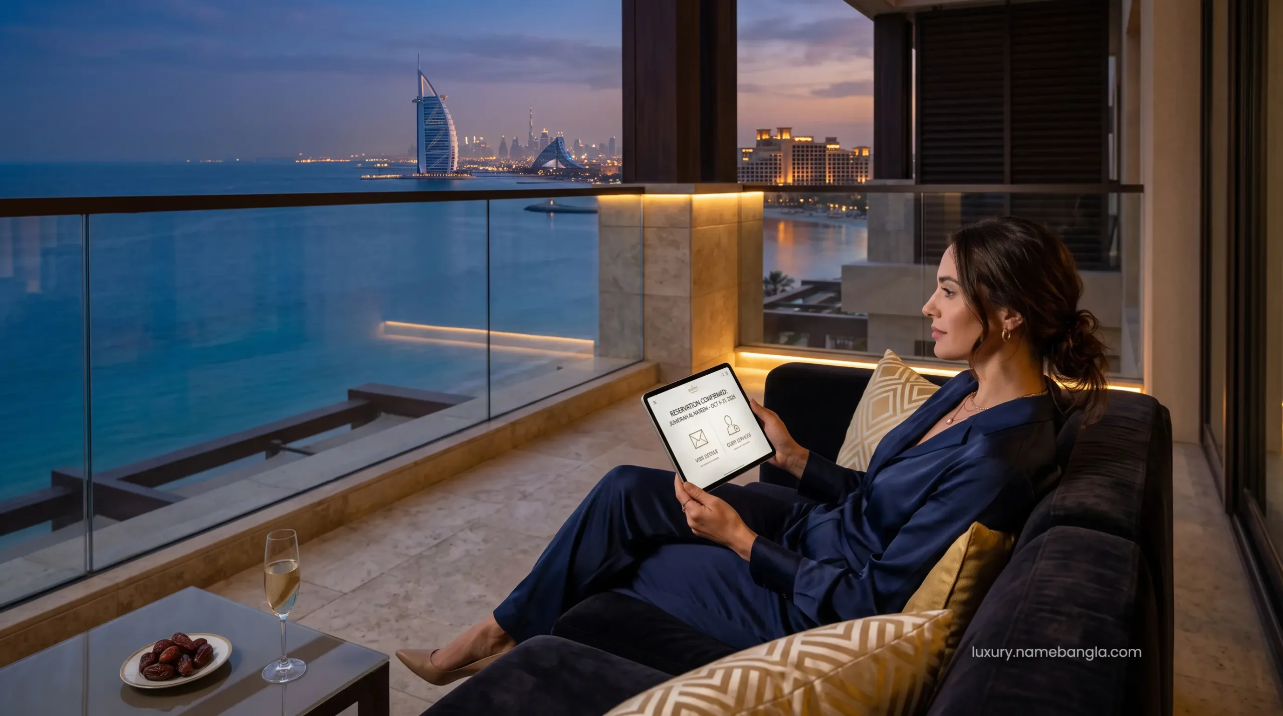 High-net-worth traveler relaxing on a Dubai ocean-view suite balcony.