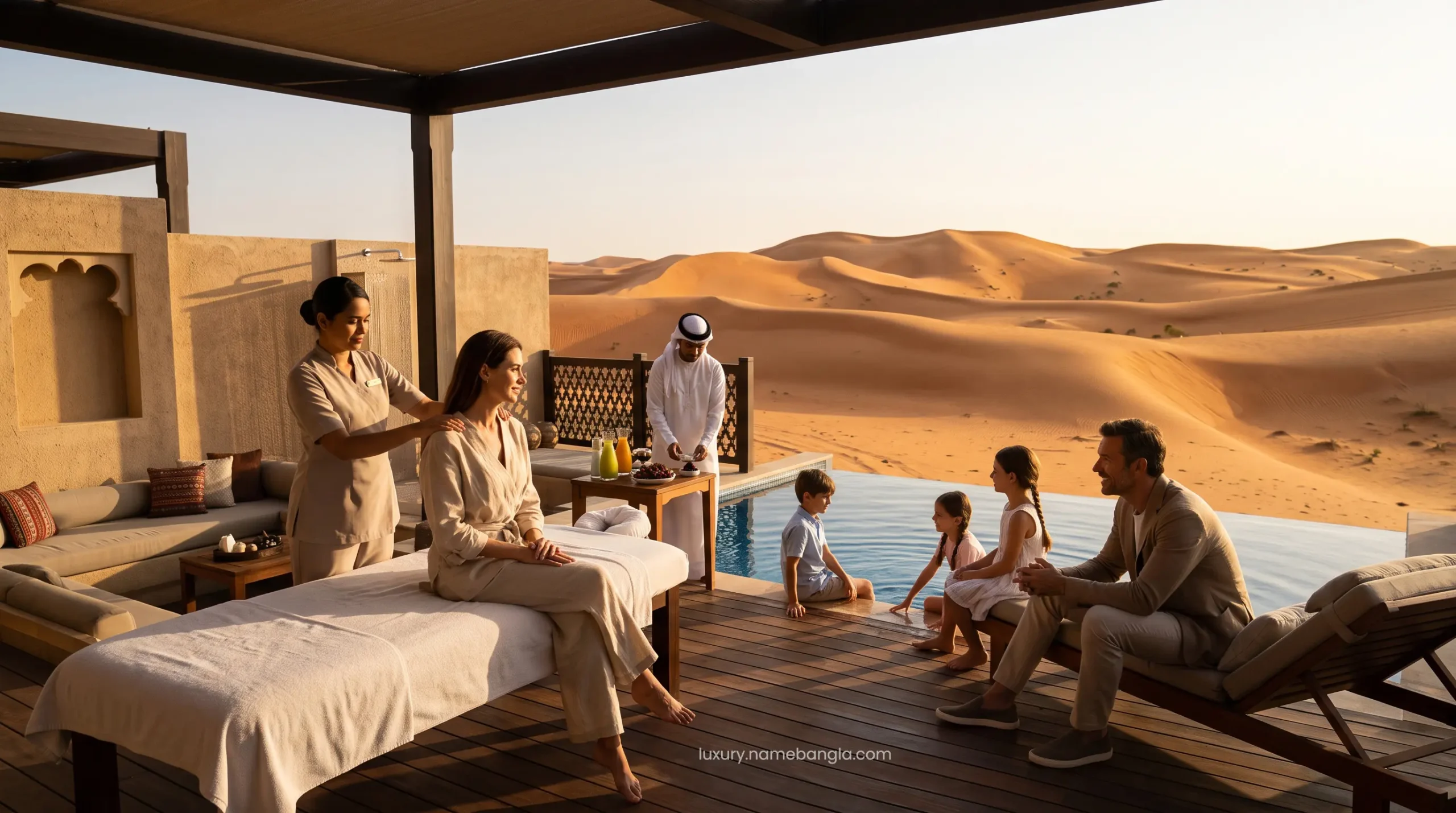 High-net-worth family enjoying a luxury spa resort booking in the UAE.