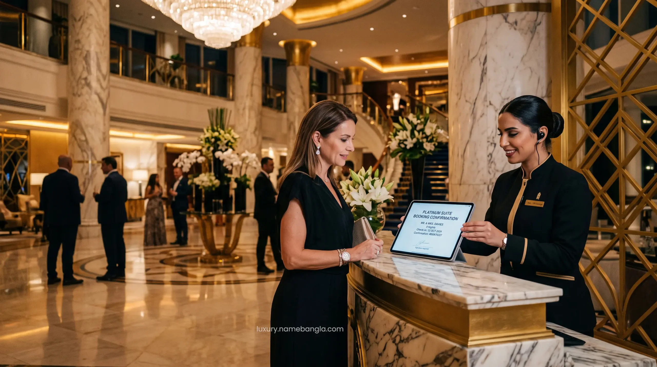 VIP concierge confirming a Dubai 7-star hotel reservation on a platinum tablet